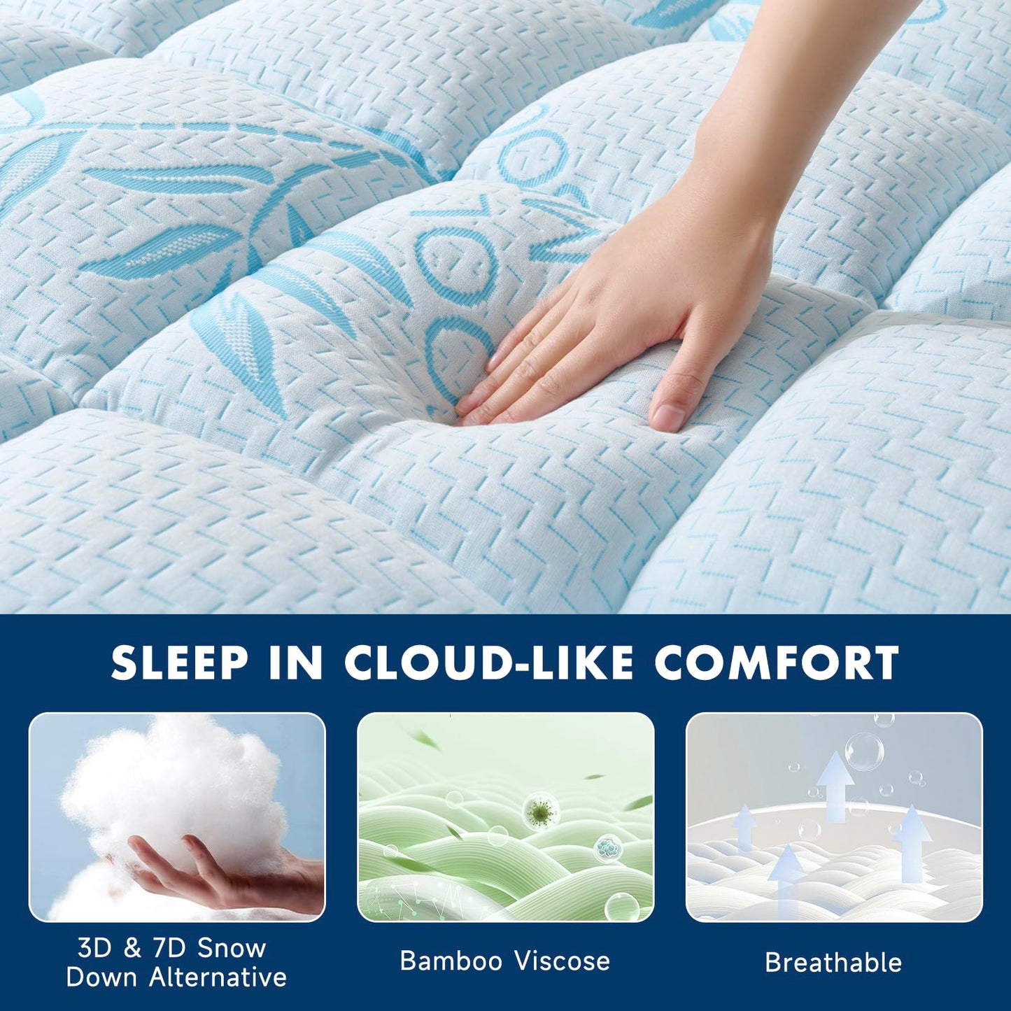 King Mattress Topper Viscose Derived from Bamboo,Breathable and Soft Extra Thick Pillow Top Mattress Pad Cover for Back Pain, Deep Pocket Fits 7–21 Inch Mattress (78"x80",Blue)