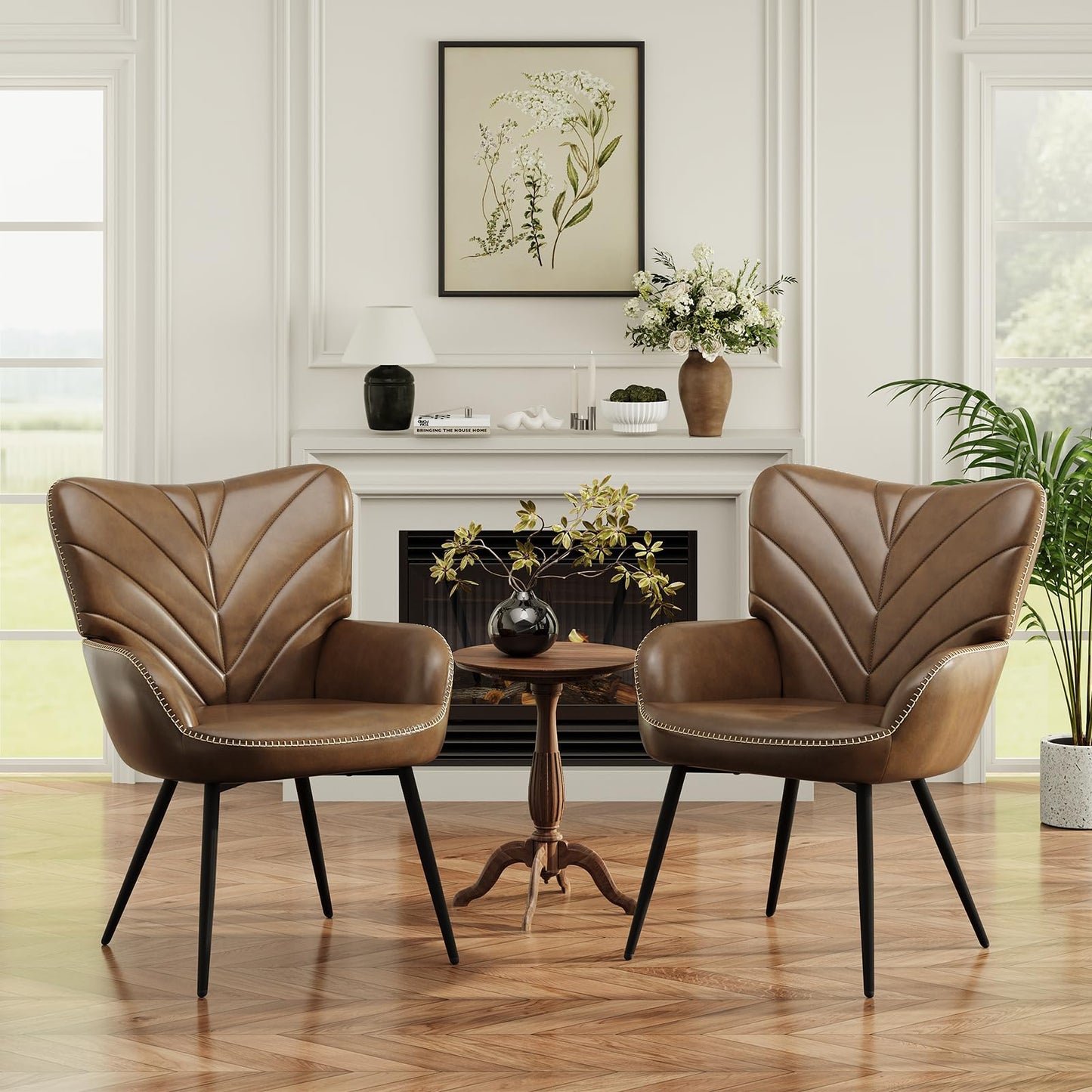 MALOL Modern Mid-Century Faux Leather Accent Chair, Upholstered Armchair with Curved Backrest, Sturdy Metal Base, Living Room, Bedroom & Reading Nook,Brown