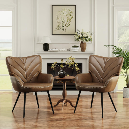 MALOL Modern Mid-Century Faux Leather Accent Chair, Upholstered Armchair with Curved Backrest, Sturdy Metal Base, Living Room, Bedroom & Reading Nook,Brown