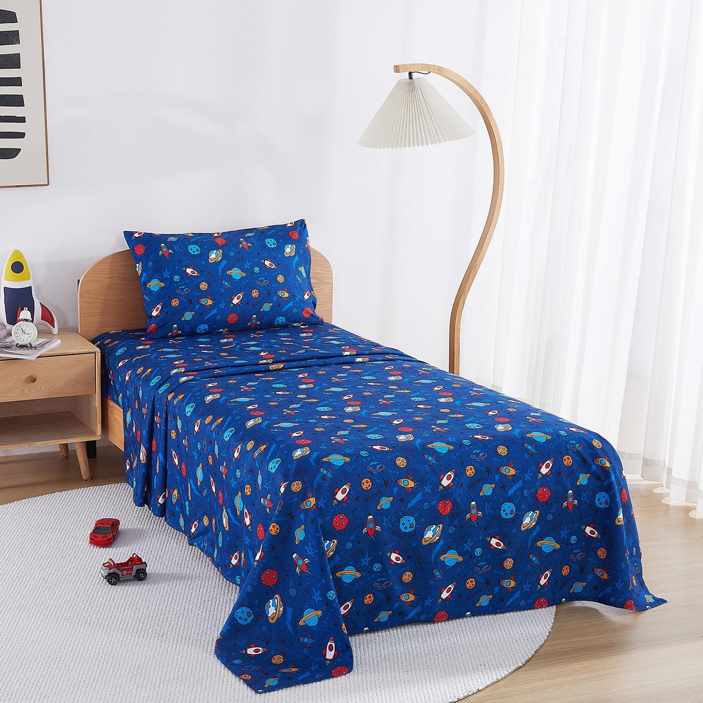 lasoftan Kids Sheet Set Twin Size, Twin Sheet Set with Space Universe Pattern，Breathable Silky Soft Microfiber Kids Fitted Sheet