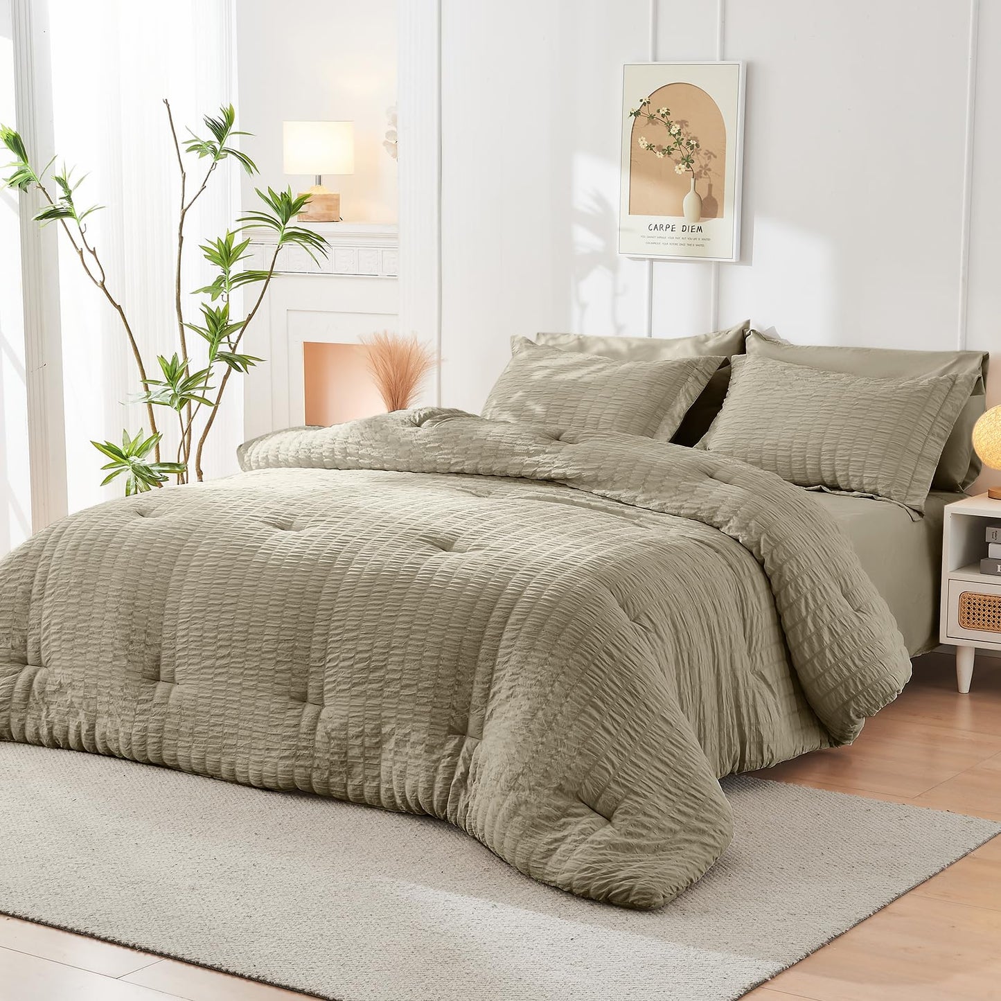 HYMOKEGE Linen Oversized Queen Comforter Set Seersucker 7 Pieces, All Season Luxury Bed in a Bag for Bedroom, Bedding Set with Comforter, Sheets, Pillowcases & Shams