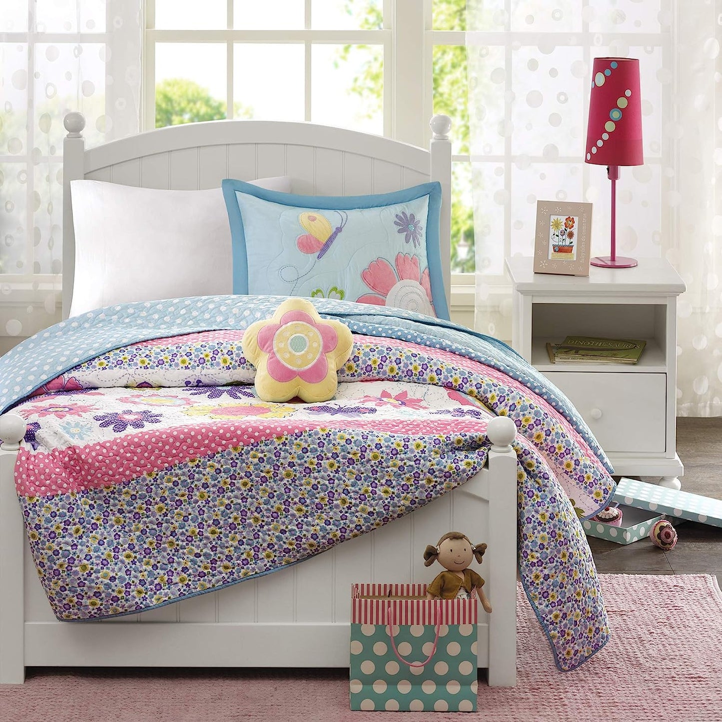 Intelligent Design Kids Crazy Daisy Bedding For Girls Quilt Set - Sky Blue, Pink , Flowers, Butterfly – Kids Girls Quilts – Ultra Soft Microfiber Quilt Sets Coverlet, Full/Queen 4Piece