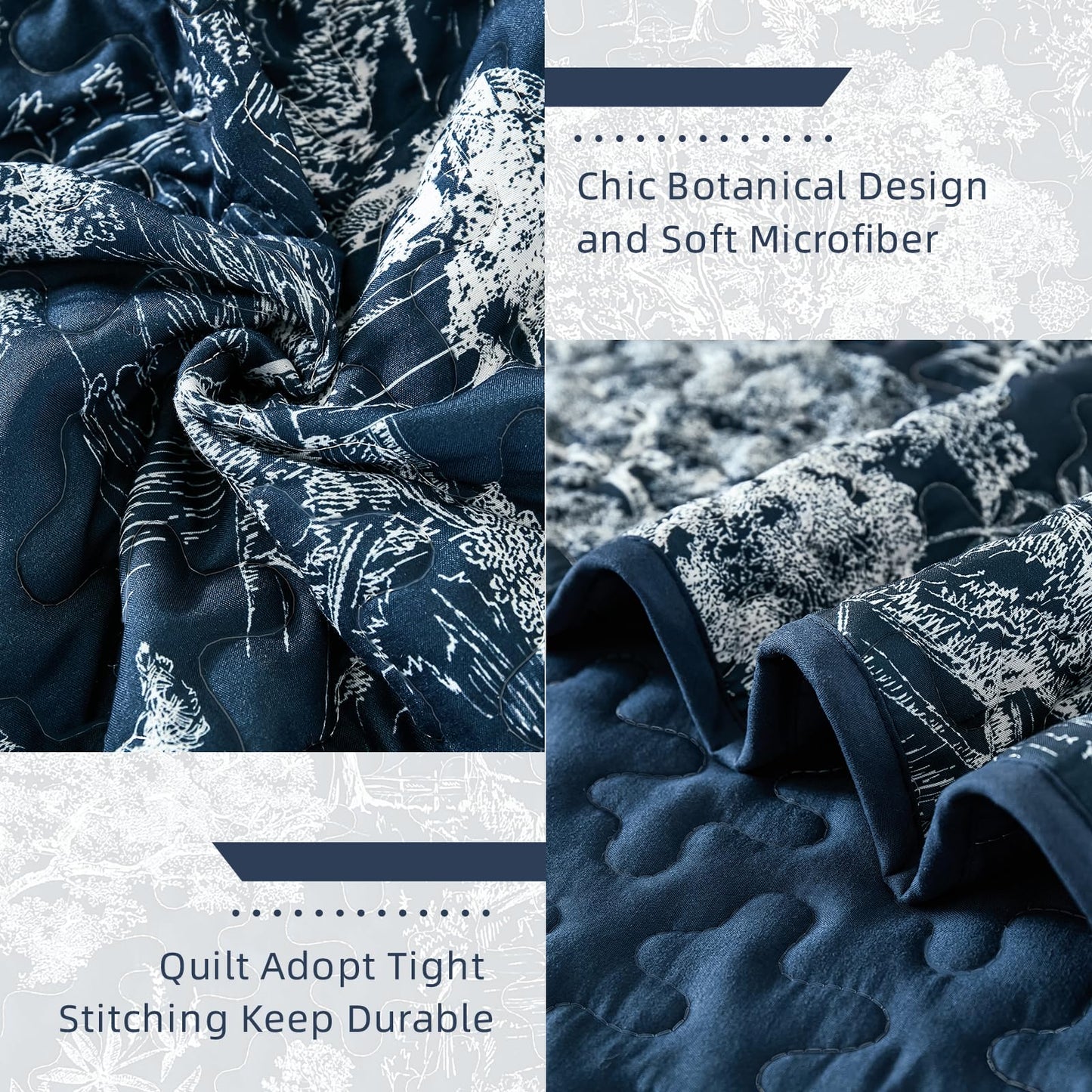 WONGS BEDDING Quilt Set Queen Size,3 Pieces Navy Blue Floral Plants Printed Bedspread Coverlet Set Soft Lightweight Toile Botanical Bedding Set for All Season (96"x90")