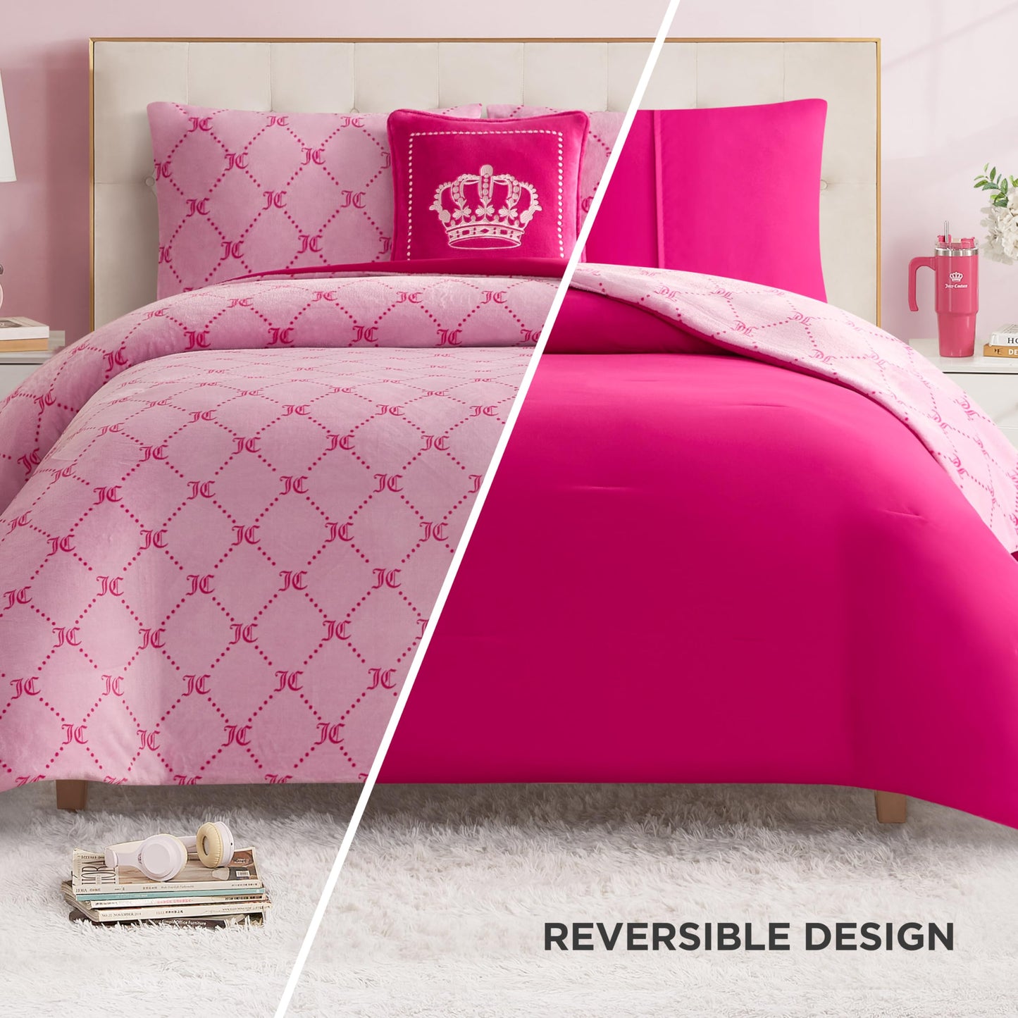 Juicy Couture Plush Reversible Trellis Link 3-Piece Twin/Twin XL Comforter Set with Decorative Pillow, Pink