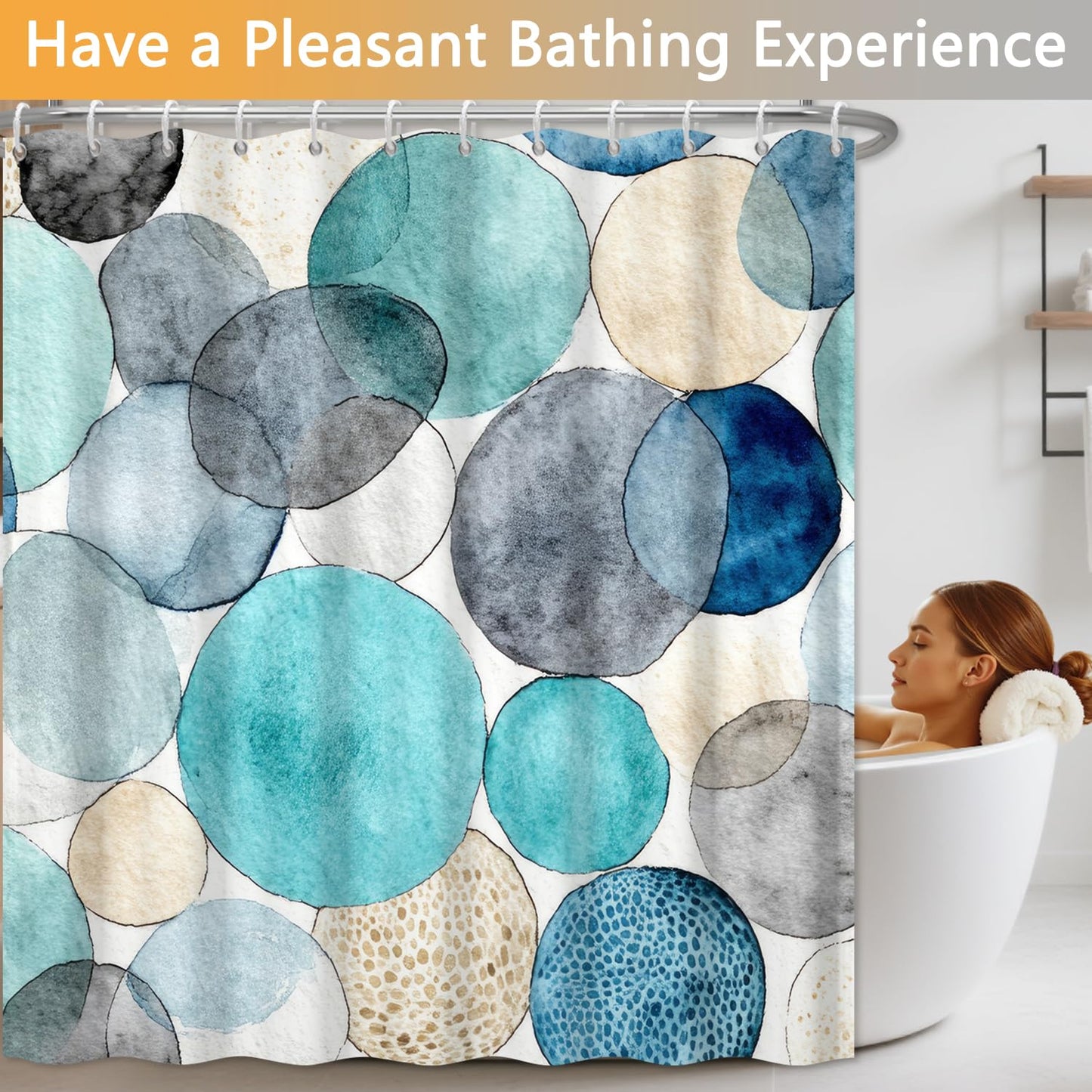 Watercolor Polka Dot Shower Curtain, Abstract Geometric Colorful Circles Bathroom Curtains, Hotel Style Polyester Fabric Shower Curtain, Waterproof Washable with Hooks, 72x72 Inch, Teal and Aqua Blue