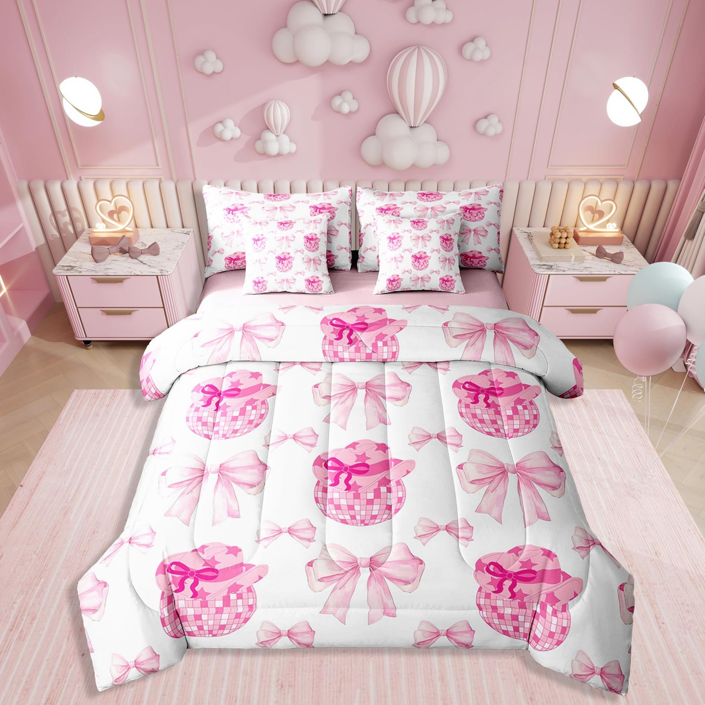 Erosebridal 7 Piece Pink Bowknot King Bedding Set for Girls Women,Western Cowgirl Kids Comforter Set,Disco Ball Duvet Set,Rustic Farmhouse Cowboy Quilt Comforter,Hippie Bow Valentine Day Sheet Set