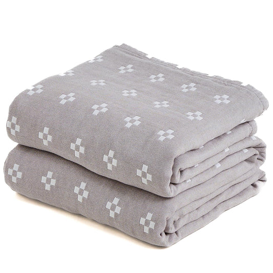 STASOPTK 100% Cotton Muslin Blanket, Soft Reversible 4-Layer Gauze Cotton Quilt,Checkered Blanket for Couch Twin Size Bedspread Room Decor Pinic Blanket, 60"×80", Grey/Off White