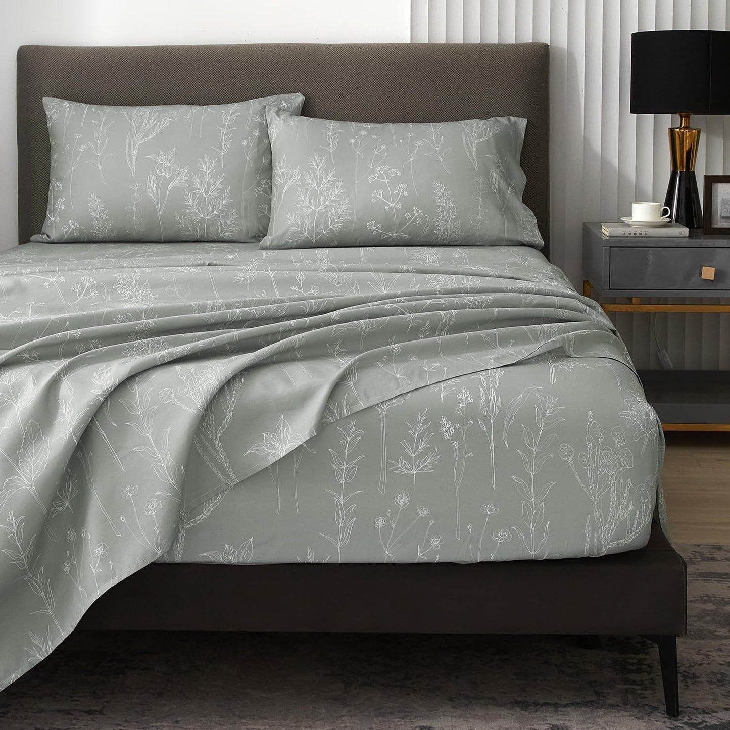 HYPREST Floral Bed Sheets, 18 Inch Deep Pocket Queen Sheets Ligh Grey Patterned Sheets Soft Luxury Cooling 1800 Thread Count