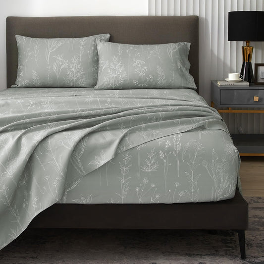 HYPREST Floral Bed Sheets, 18 Inch Deep Pocket Queen Sheets Ligh Grey Patterned Sheets Soft Luxury Cooling 1800 Thread Count