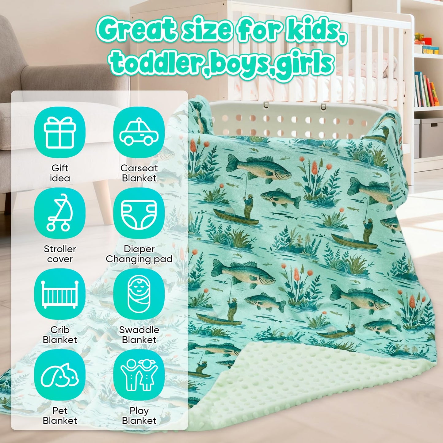 Baby Blanket for Boys Girls Super Soft Double Layer Minky with Dotted Backing Cute Cow Crib Receiving Blanket Bed Throws for Newborns Nursery Stroller Toddler 30 x 40 Inch (Fish)