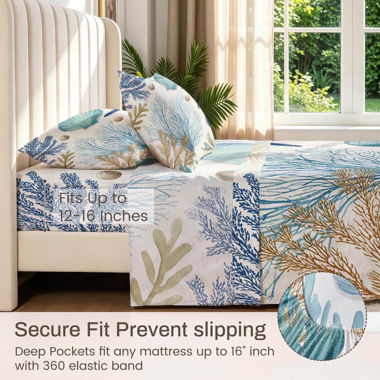 Seashell Coral Full Sheet Set 4 Pcs Coastal Bed Sheets
