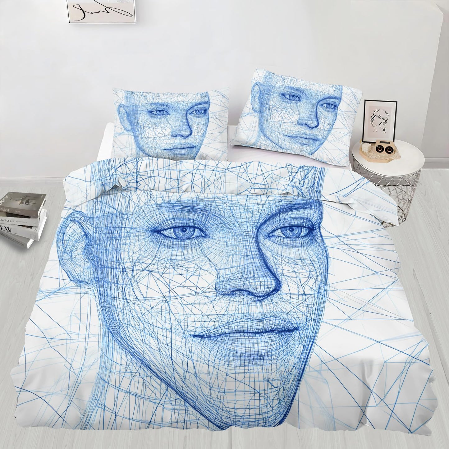PAISUOQ 3D Woman Duvet Cover Full, Abstract Woman Bedding, Blue Comforter Cover with 2 Pillow Cases, 3 Pieces with Zipper & Ties, Bedroom Decor & Gifts