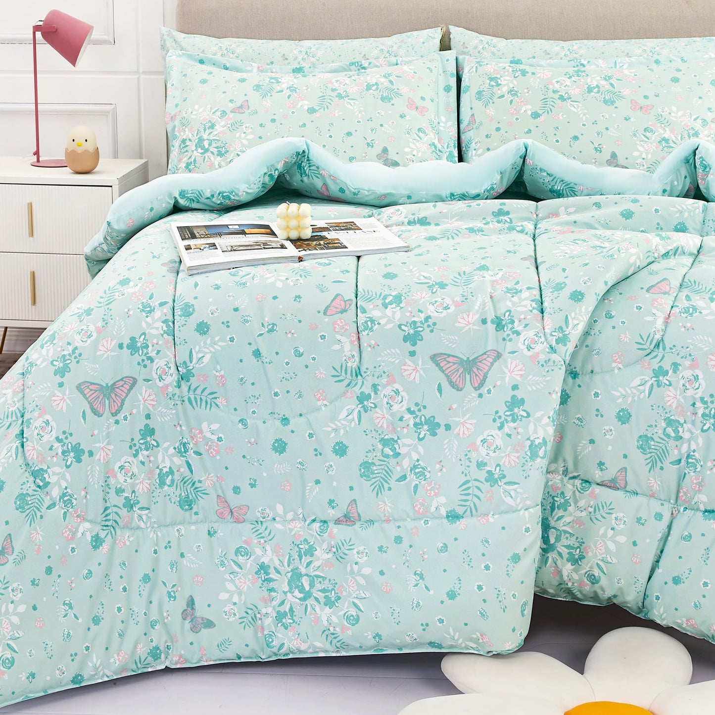Viviland Kids Twin Bedding Sets for Girls, Soft Twin Comforter Set with Sheets, 5 Pieces Microfiber Bed in a Bag, Green Butterfly