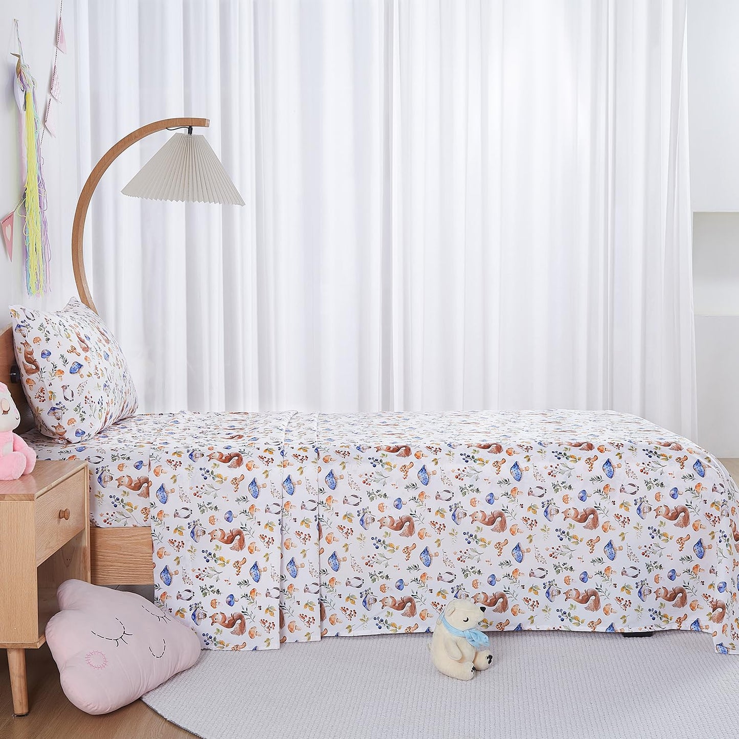 lasoftan Kids Sheet Set Twin Size, Twin Sheet Set with Oil Squirrel Pattern，Breathable Silky Soft Microfiber Kids Fitted Sheet