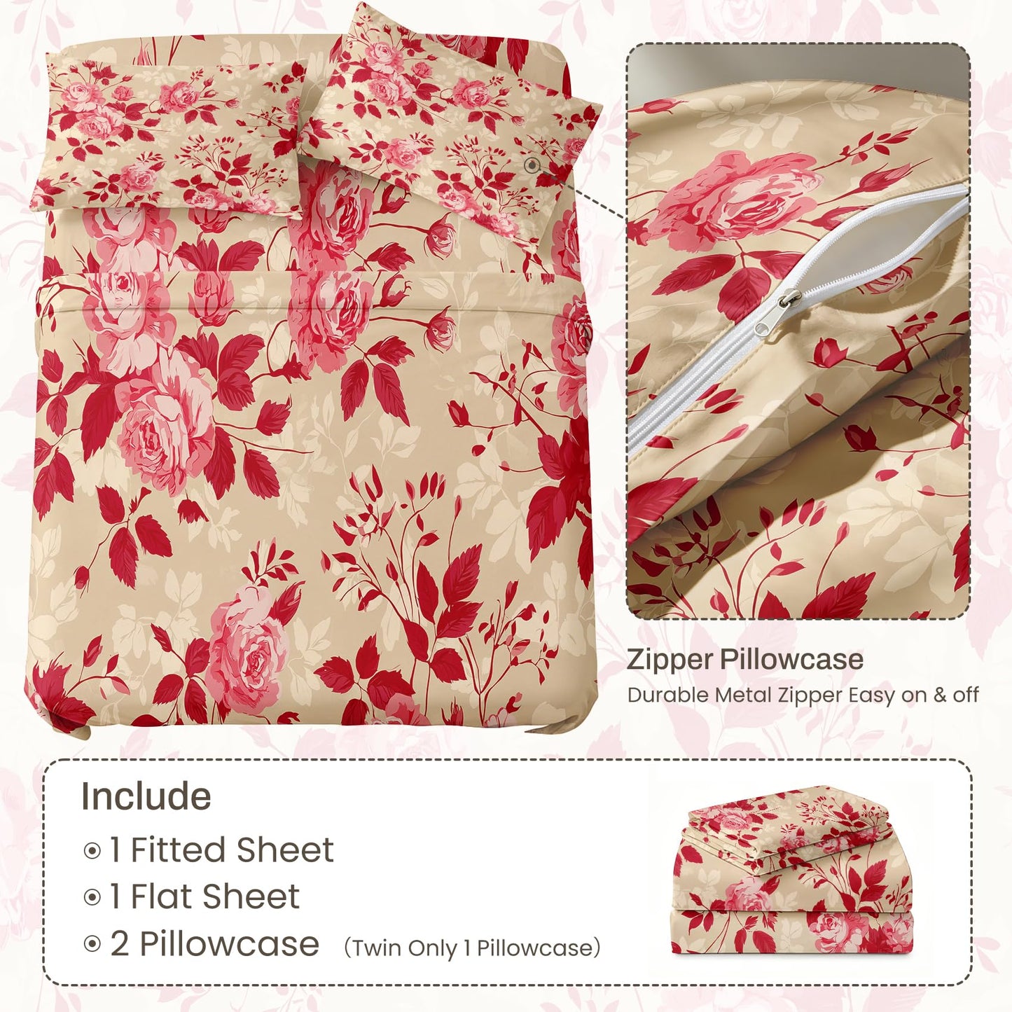 Red Rose California King Sheet Set 4 Pcs Vintage Floral Bed Sheets