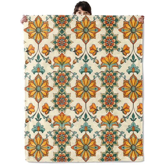 onlcuk Boho Geometric Floral Blanket, Cozy Flannel Vintage Flowers Throw Blanket, Soft Fuzzy Blankets for Travel Home Decor, All Season Lightweight Couch Bed Cover, Gifts for Women Adults Kids 50"×60"