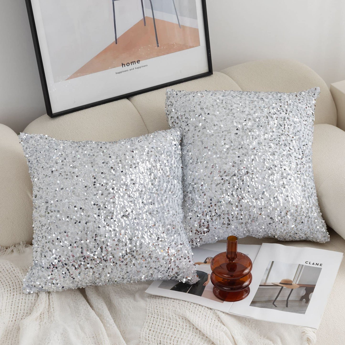 LIGICKY Set of 2 Silver White Glitzy Sequin Throw Pillow Covers Sparkling Decorative Gilter Metallic Square Cushion Cover Glam Pillow Cases for Sofa Couch Bedroom Home Party Decor (18 x 18 Inches)