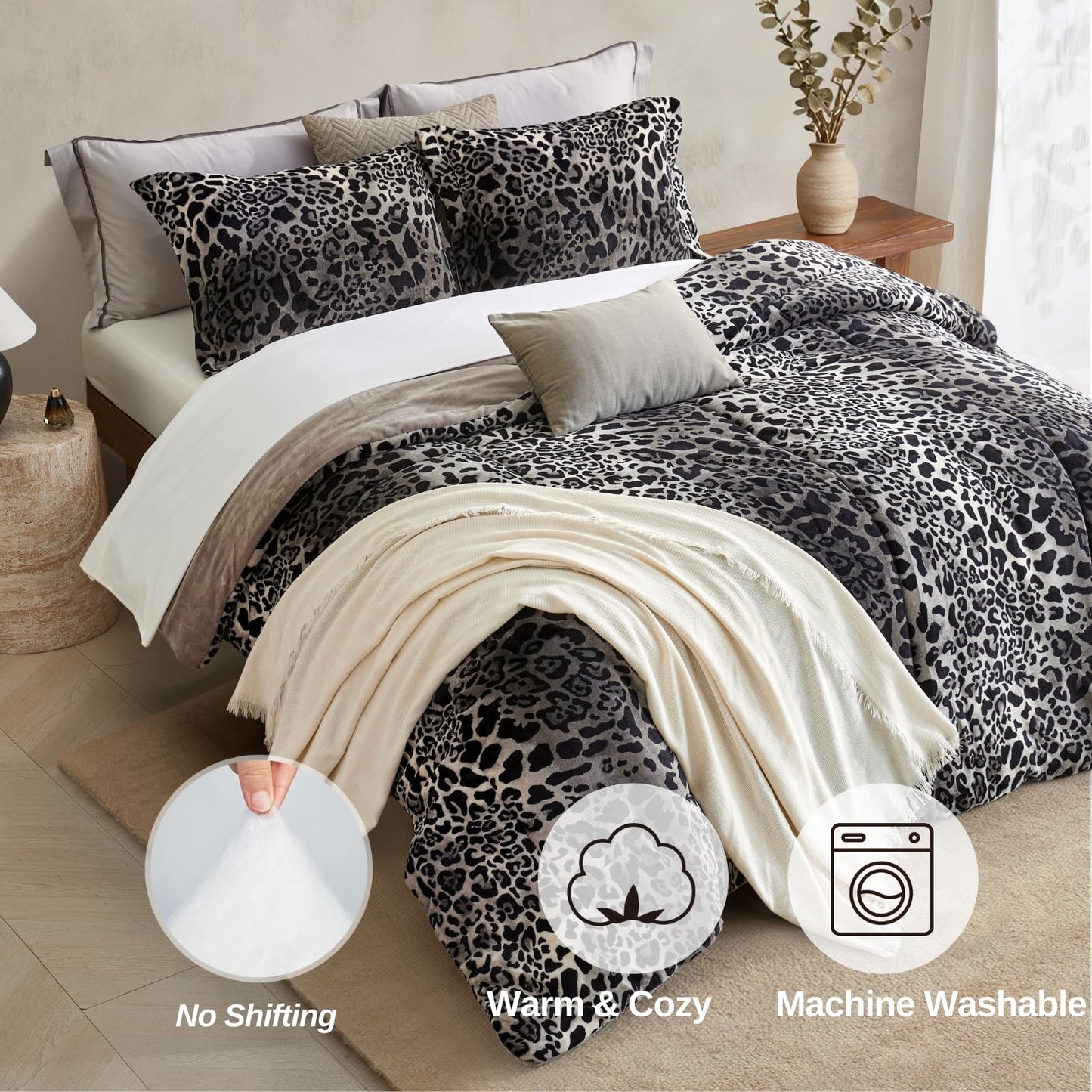 Petrichor Leopard Velvet Flannel Queen Comforter Set-Cheetah Print Western Blanket,Luxury Fuzzy Heavy Bedding Set, 3 Pieces Plush Winter Bed Set with Comforter (90"x90") & 2 Pillow Shams (20"x26")