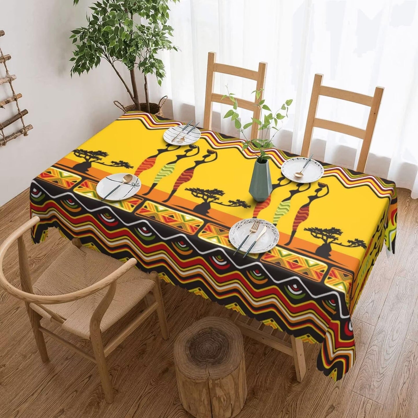 MENZHYAN African American Women Dancers Rectangle Tablecloth Tribal Ethnic Boho Table Cloths Abstract Geometric Totems Print Washable Table Cover for Home Kitchen Dining Party Decor 54 x 72 Inch
