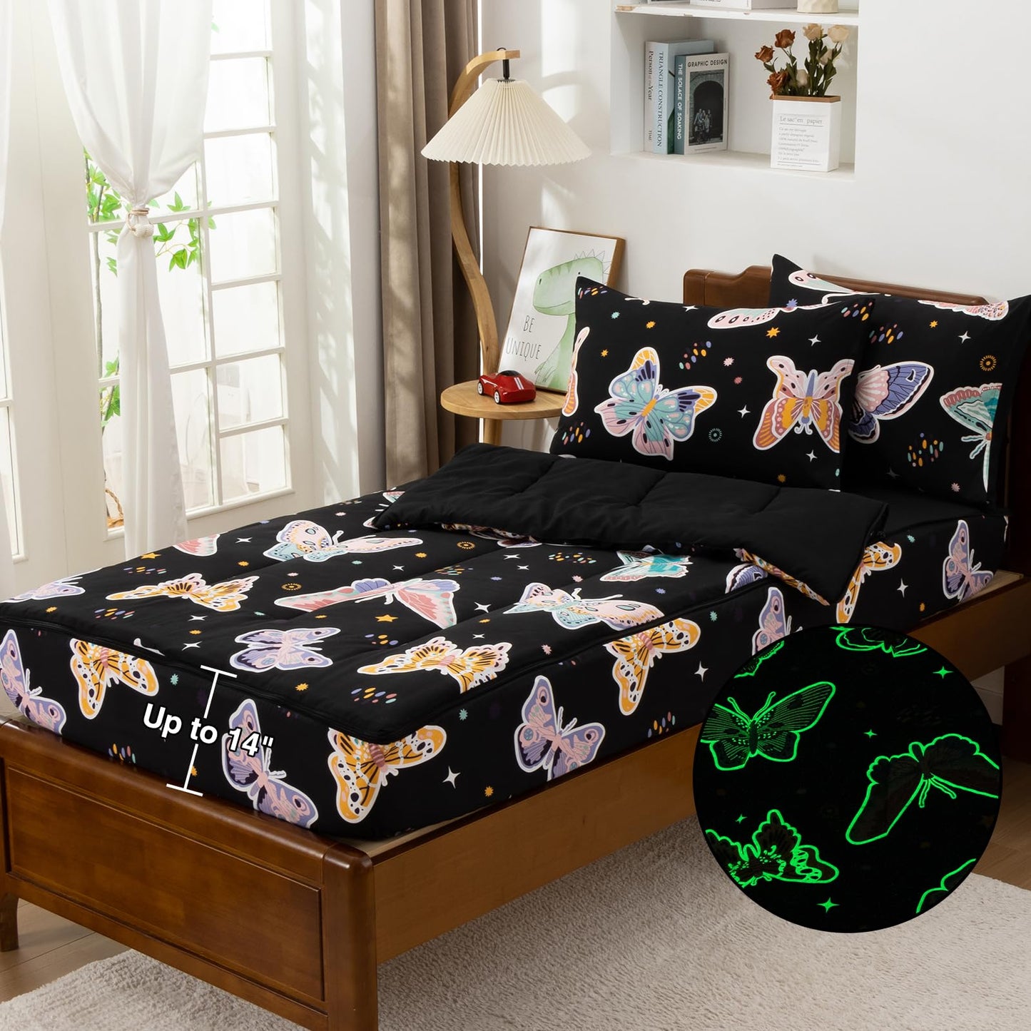 Meeting Story Glow in the Dark Girl Twin Butterfly Bedding Sets Zipper Bedding, 3 Pcs Zip Up Comforter Bed in a Bag with Fitted Sheet and 2 Pcs Pillowcases(Blackpurple,Twin)