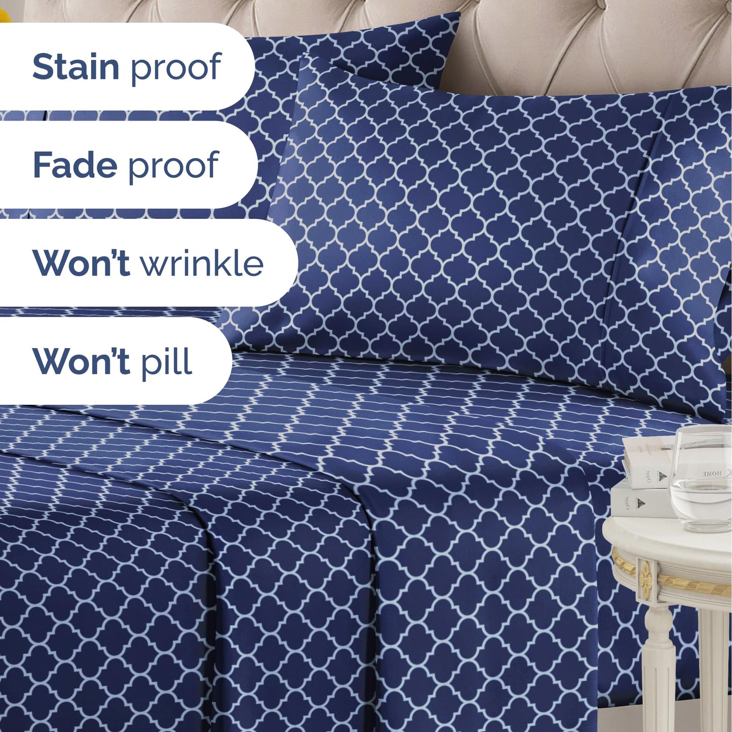 Blue Geometric Bed Sheets - 1 Flat & 1 Fitted Sheet & 2 Pillowcases w/ Deep Pockets – Wrinkle & Fade Free- Ultra-Soft, Breathable and Cooling - Luxury Moroccan Bed Set – Full Size - Navy Quatrefoil