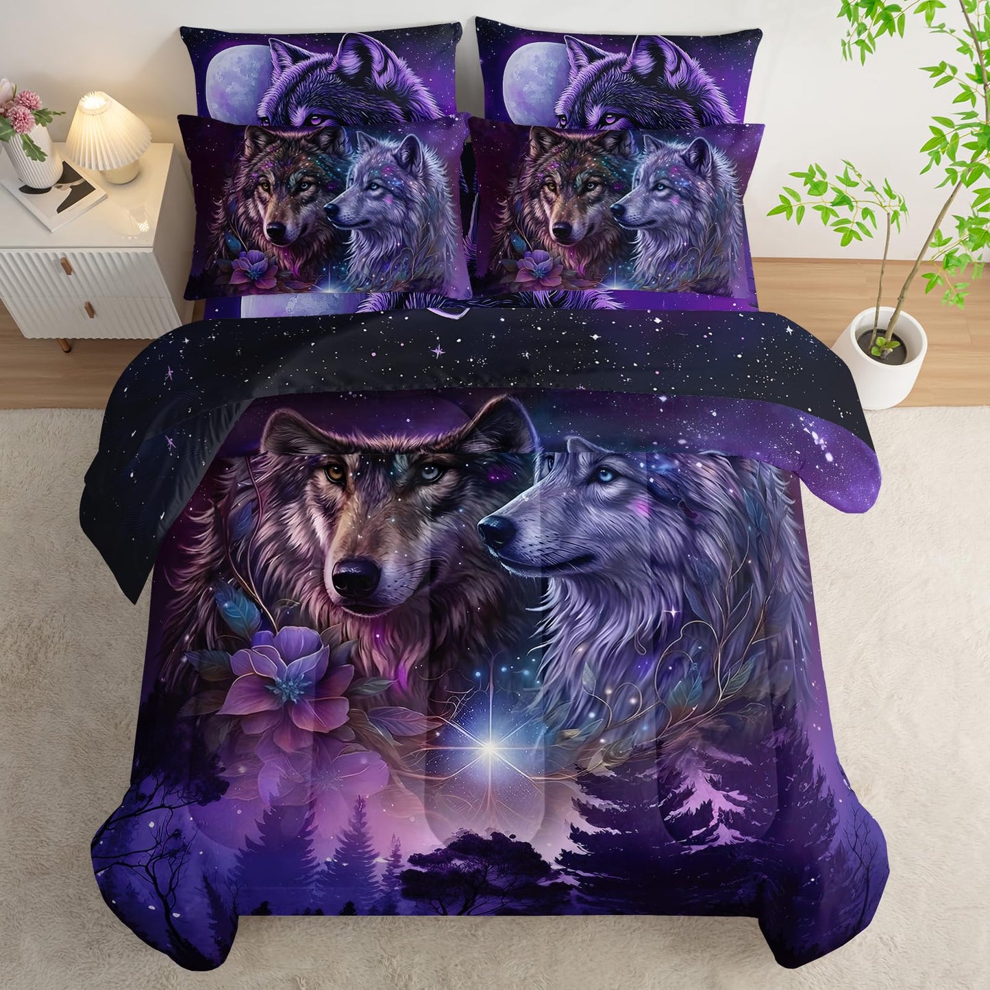AILONEN Galaxy Wolf Comforter Set Twin Size,7-Piece Soft Bed in a Bag, Purple Starry Wolf Comforter & Fitted Sheet & Flat Sheet & 2 Pillowcases,2 Pillow Shams