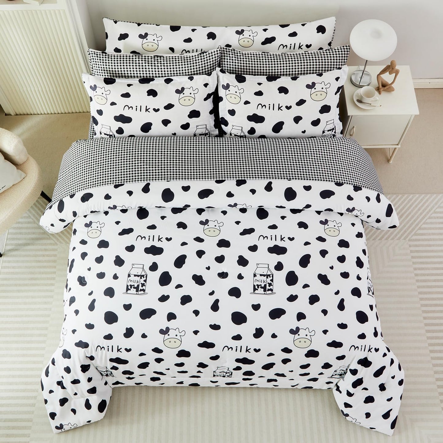SUCSES Full Size Comforter Set with Sheets 8 Piece Cow Print Bedding Set for Boys Girls Black and White Kids Bed-in-A-Bag Farmhouse Rustic Bed Set for Bedroom (Milk Cow, Full)