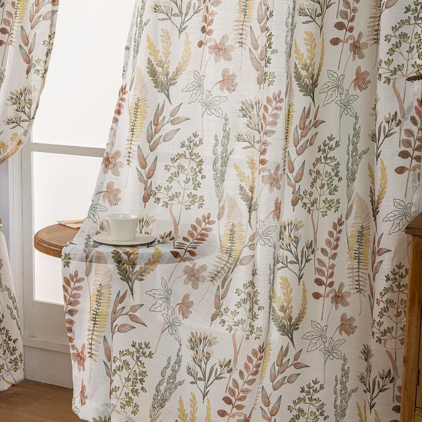 SUOUO Red-Brown Tropical Leaves Semi Sheer Curtains Linen Textured for Living Room Patterned Wildflower 84 inches Long Window Drapes for Dining Bedroom 2 Panels