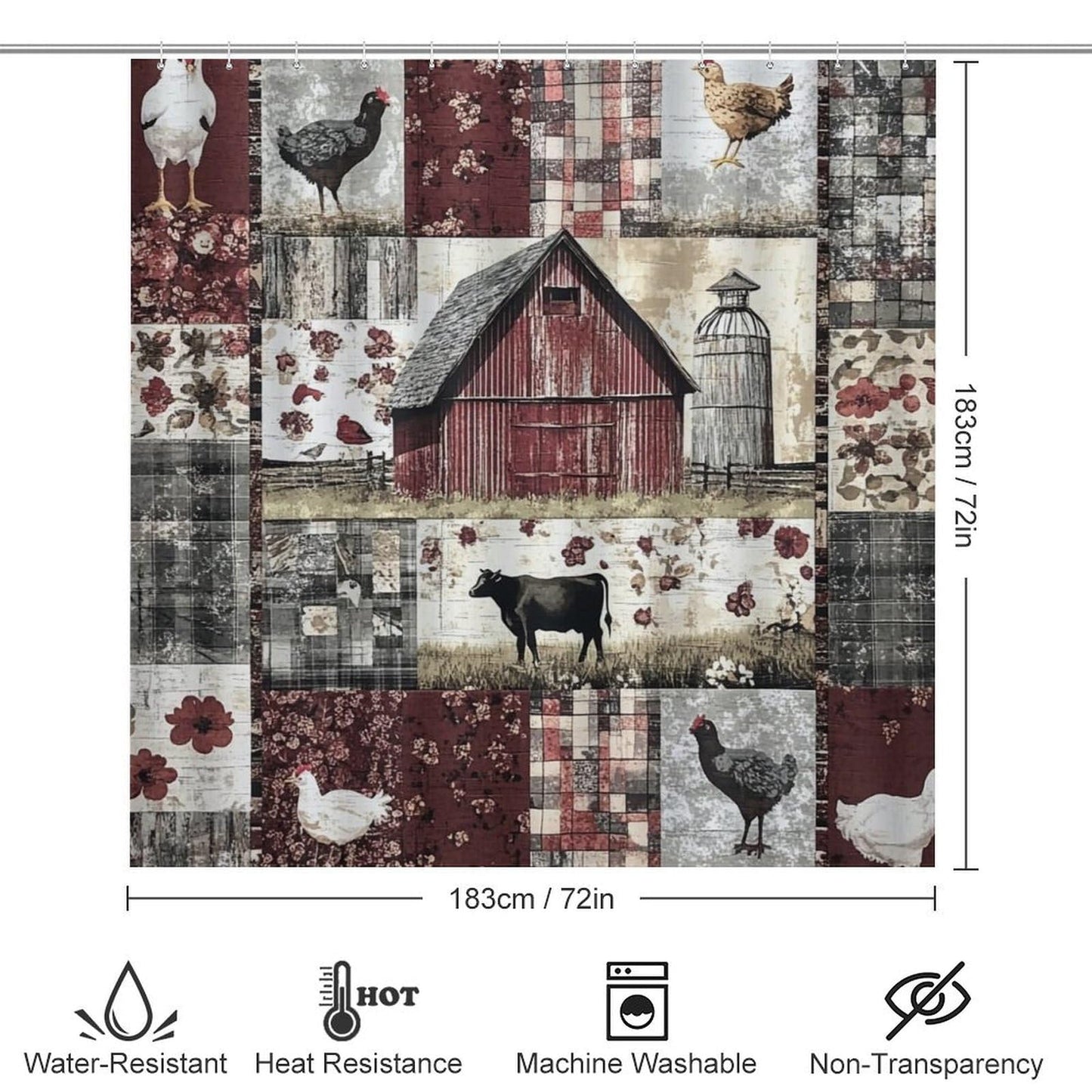 HDESDIS 4Pcs Barn Cabin Patchwork Shower Curtain Sets with Rugs, Toilet Lid Cover and Bath Mat, Farm Cow Chicken Rustic Bathroom Shower Curtains Set with 12 Hooks