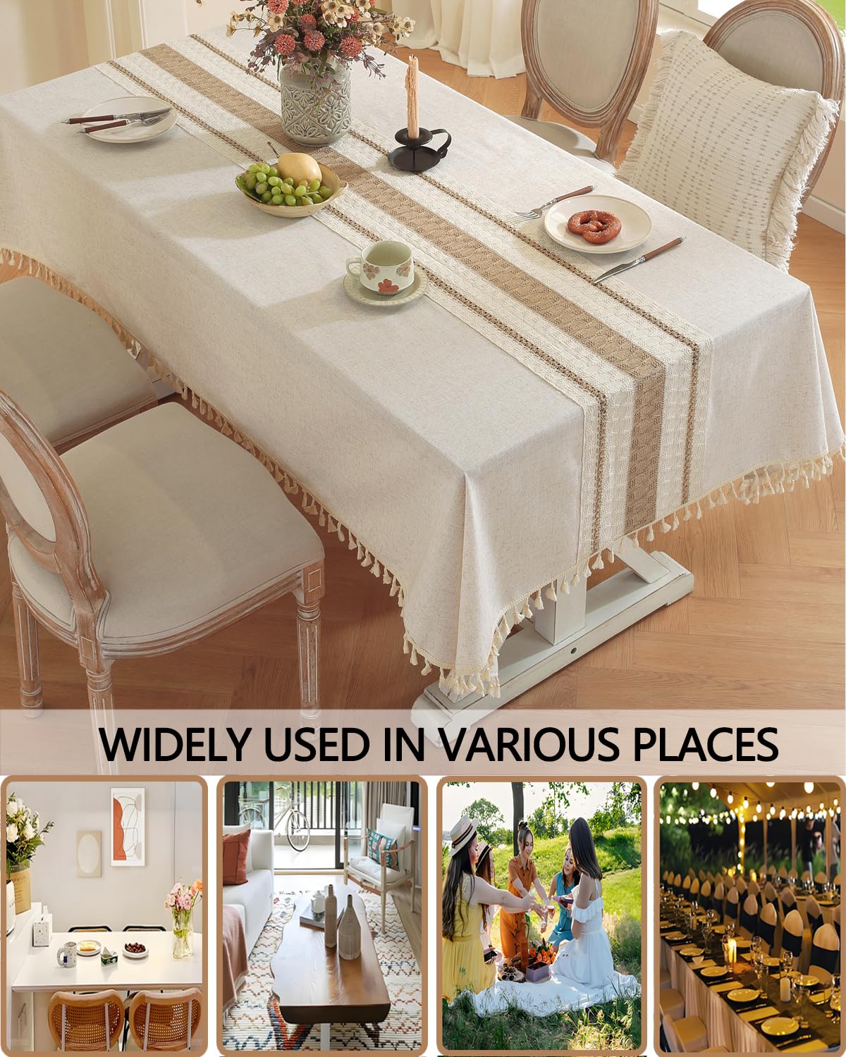 Colorigan Table Cloth, Cotton Linen Tablecloths Heavy Duty Wrinkle Free Table Cover with Tassels for Farmhouse Kitchen Dining Tables, Brown Lines,6-8 Seats