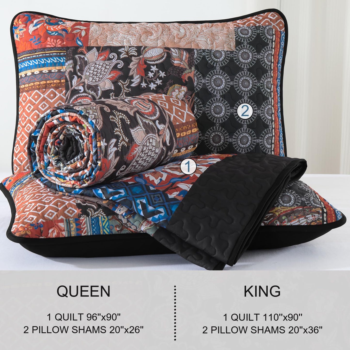 DJY Patchwork Quilt Set King Size Boho Bedspread Coverlet, Black Coral 3 Pieces Paisley Floral Quilted Bedding Set, Lightweight Bohemian Farmhouse Reversible Bed Cover for All Season 110''x90''