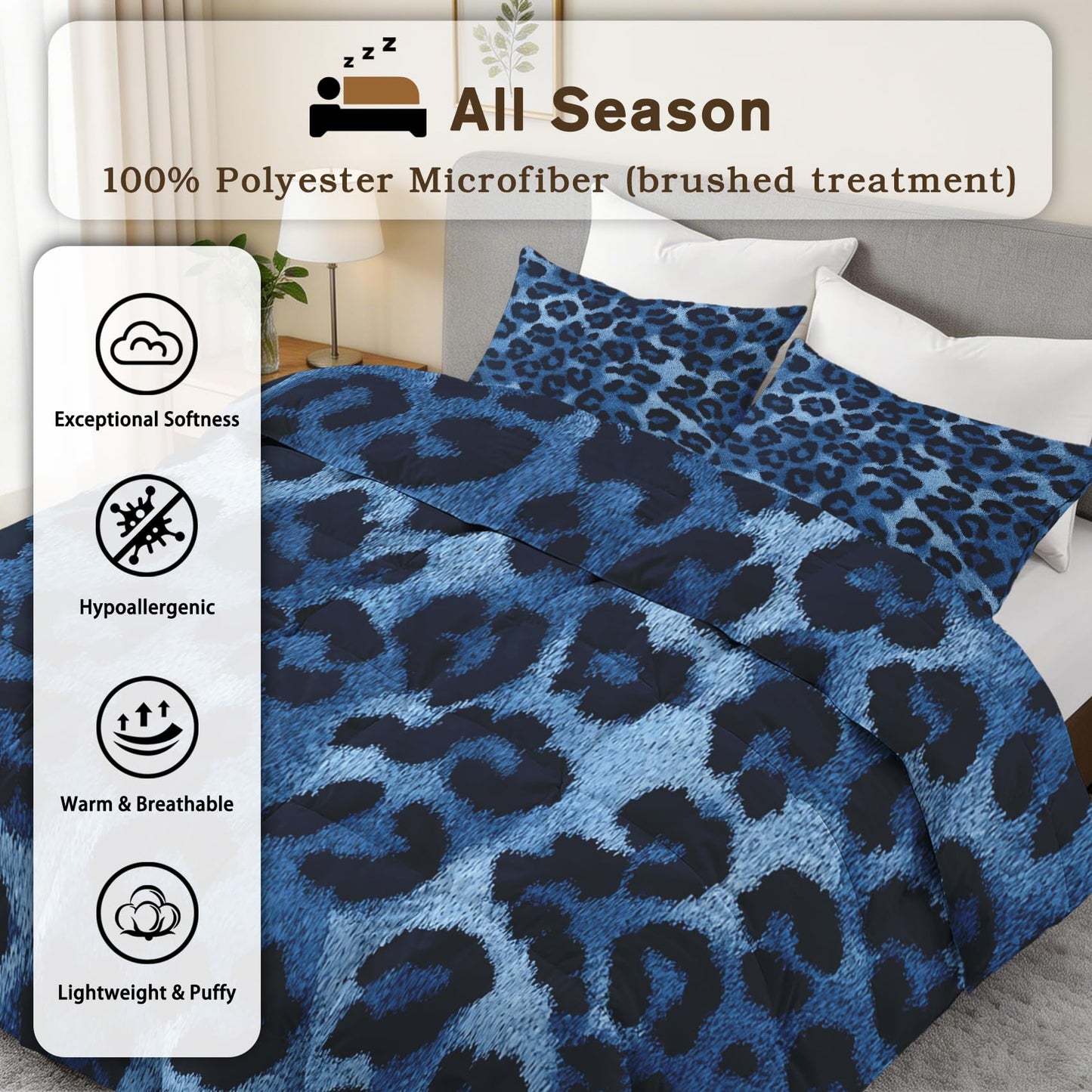 TANCAPRIUM Blue Leopard Print Comforter Set Twin - Animal Print Bedding Set & 2 Pilow Cases for All Season - Soft Reversible Down Alternative 3 Piece. Animal Skin Bedrom Decor