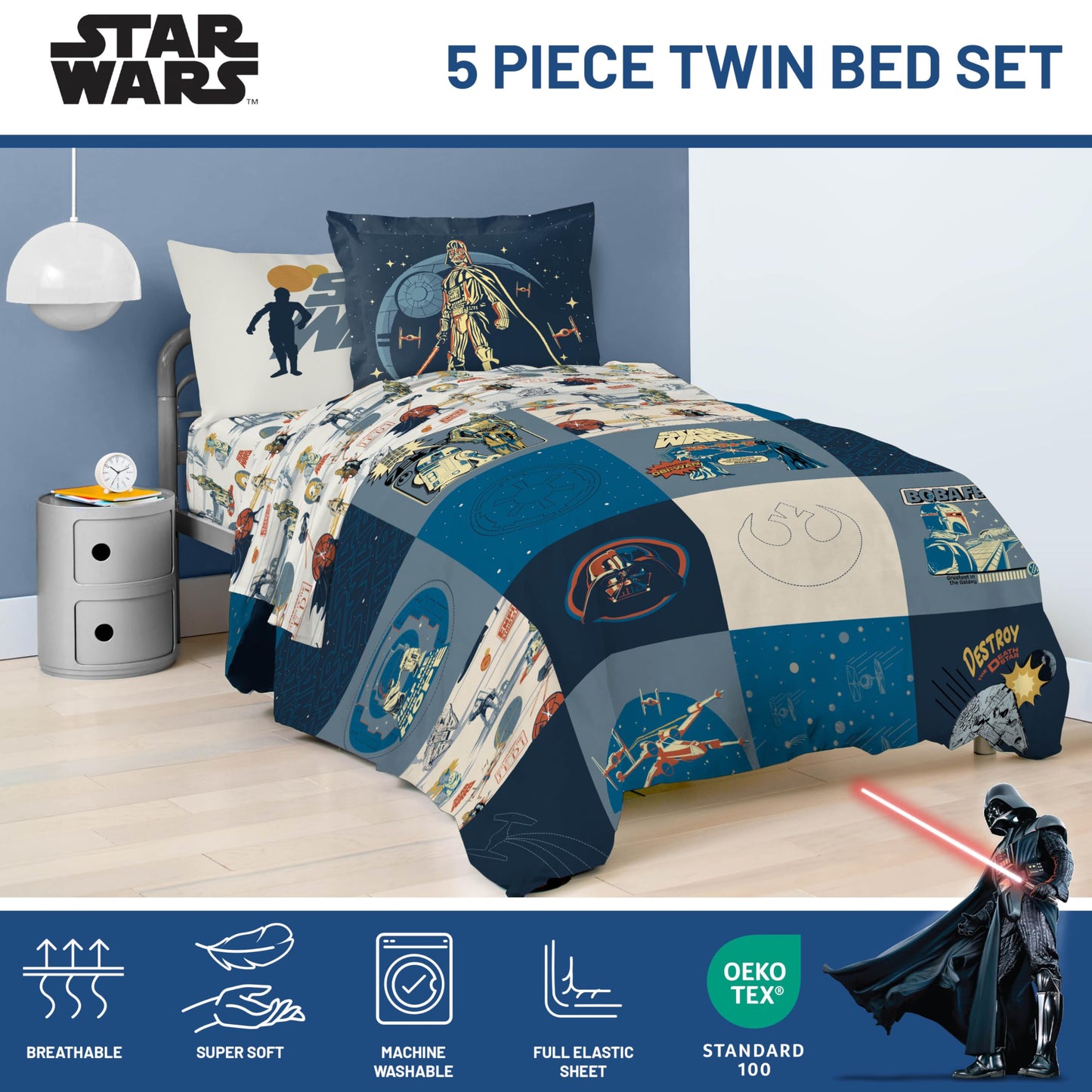 Jay Franco Kids Bed Set, Blue, Star Wars, 5 Piece Twin
