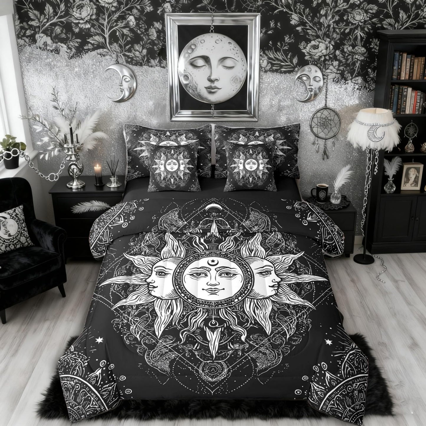 Erosebridal Bohemian Black and White Bed in a Bag Queen Comforter Set 7-Piece | Sun and Moon Bedding Sets Boho Floral Paisley Damask Comforter and Sheet Set, Tribe Exotic Mandala Room Decor