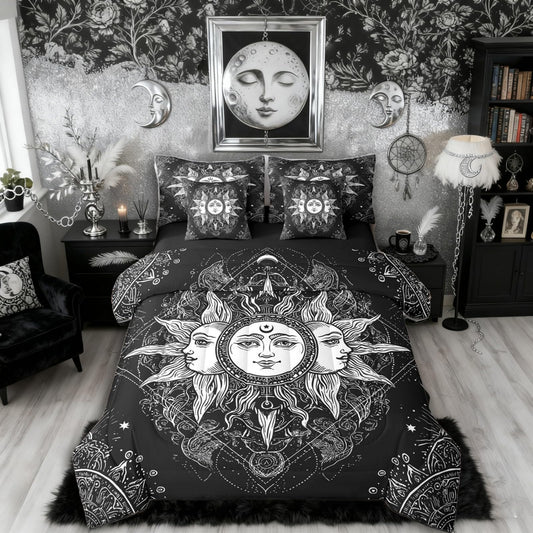 Erosebridal Bohemian Black and White Bed in a Bag Queen Comforter Set 7-Piece | Sun and Moon Bedding Sets Boho Floral Paisley Damask Comforter and Sheet Set, Tribe Exotic Mandala Room Decor