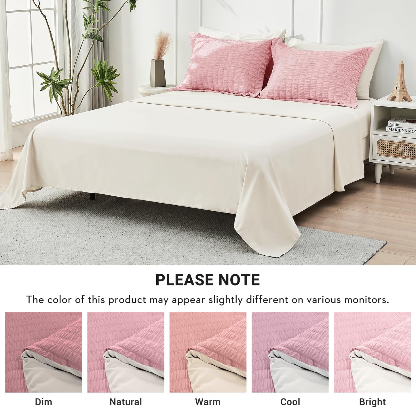 HYMOKEGE Pink/Ivory Twin Comforter Set Seersucker 5 Pieces, All Season Luxury Bed in a Bag for Bedroom, Bedding Set with Comforter, Sheets, Pillowcase & Sham