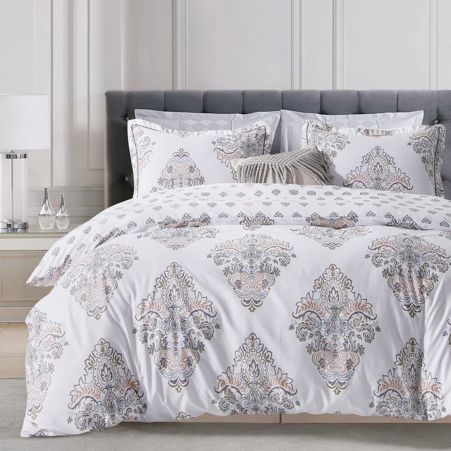 SLEEPBELLA Comforter King Size, 600 Thread Count Cotton Yellow & Blue Damask with Taupe Brown Reversible Pattern White Comforter Sets,Down Alternative Bedding Set 3Pcs (King, White Damask)