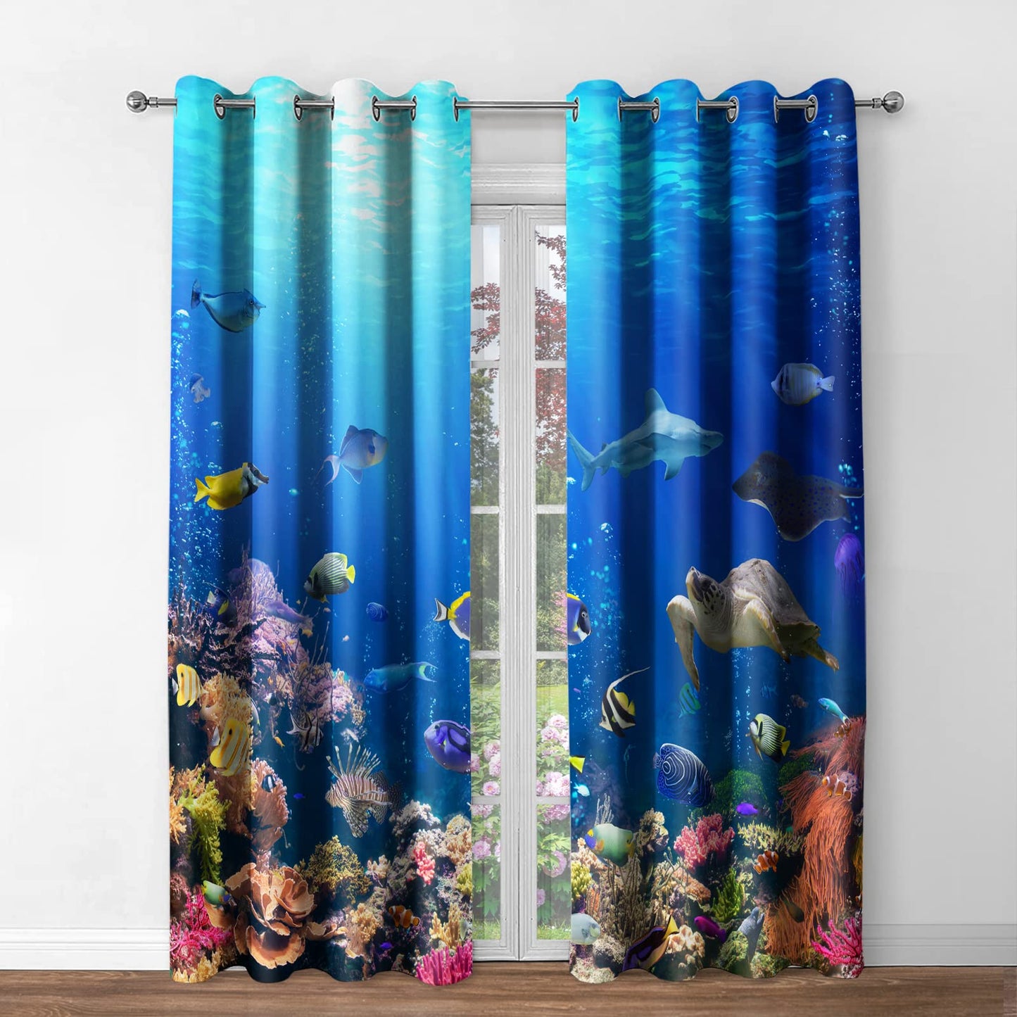 Jekeno Ocean Animal Blackout Curtains Underwater World Sea Turtle Shark Coral Fish Nature Landscape Print Decor Bedroom Living Room Darkening Grommet Window Drapes 2 Panel Set,Blue 42"x 54"