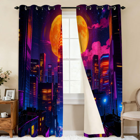HEIFAM City Purple Light Filtering Curtains for Bedroom 84In Long 2 Panels, City Night Scene Curtains for Living Room, Patterned Decorative Curtain, Modern Cyber Window Drapes Decorate for Spring