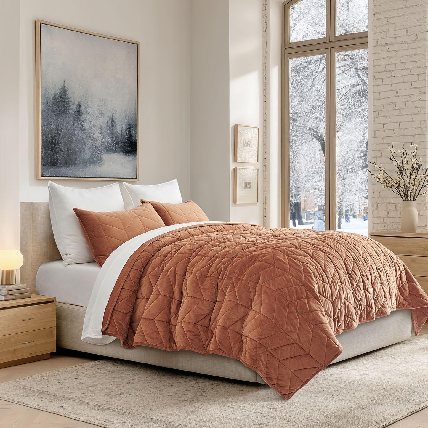 EVERGRACE 3 Pieces Luxurious Velvet King Quilts, Ultra Soft Lightweight Velvet Comforter Set, Matelasse Oversized Bedspread Coverlet for All Season with 2 Shams, Burnt Orange, 108"x96"