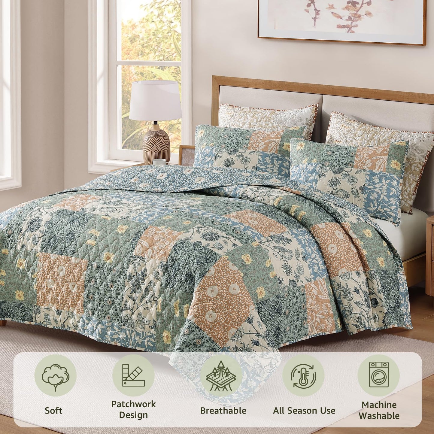 CASAAGUSTO Queen Quilt Set - 3 Pieces Patchwork Green Quilt Bedding Set, Lightweight Queen Bedspread Coverlet, Reversible Floral Bed Cover for All Seasons (90"x94", 1 Quilt + 2 Pillow Shams)