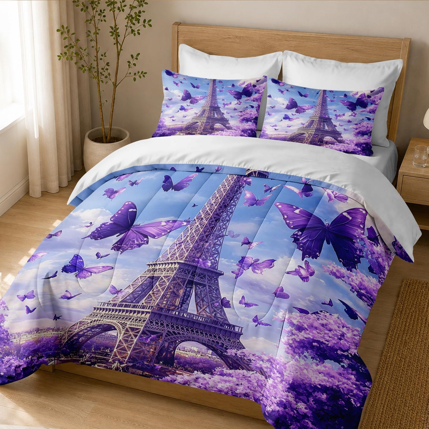 CCoutueChen Kids Twin Paris Bedding Set, Purple Butterfly Floral Comforter Set for Girls, Romantic Warm Microfiber Comforter with 1 Pillowcase, 68"x86"