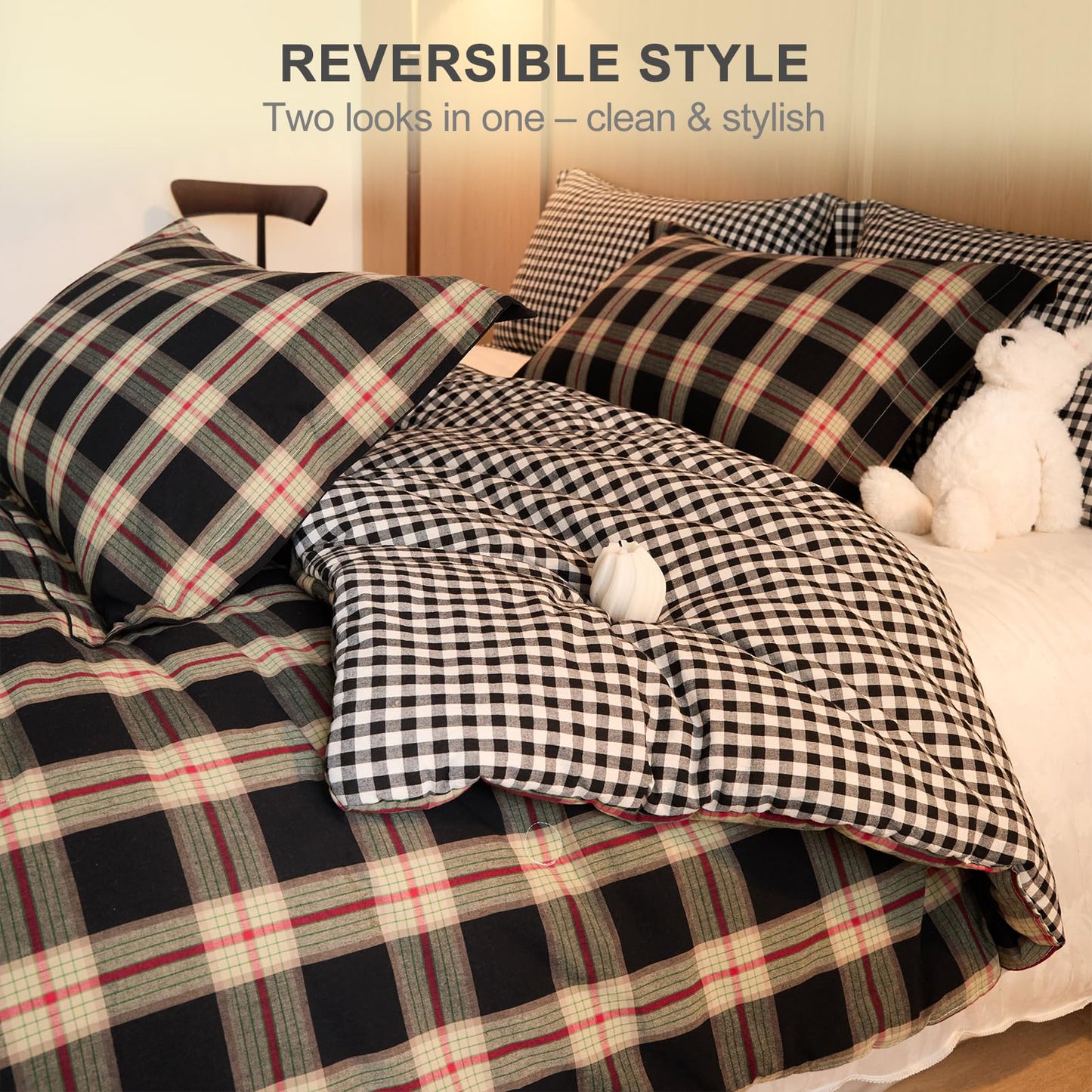 hadamick 100% Cotton Comforter Set Full Size – Reversible Yarn-Dyed Checkered Design, Soft Washed Cotton on Both Sides, Lightweight All-Season Bedding, Machine Washable(Black Red Plaid, 80”x90”)