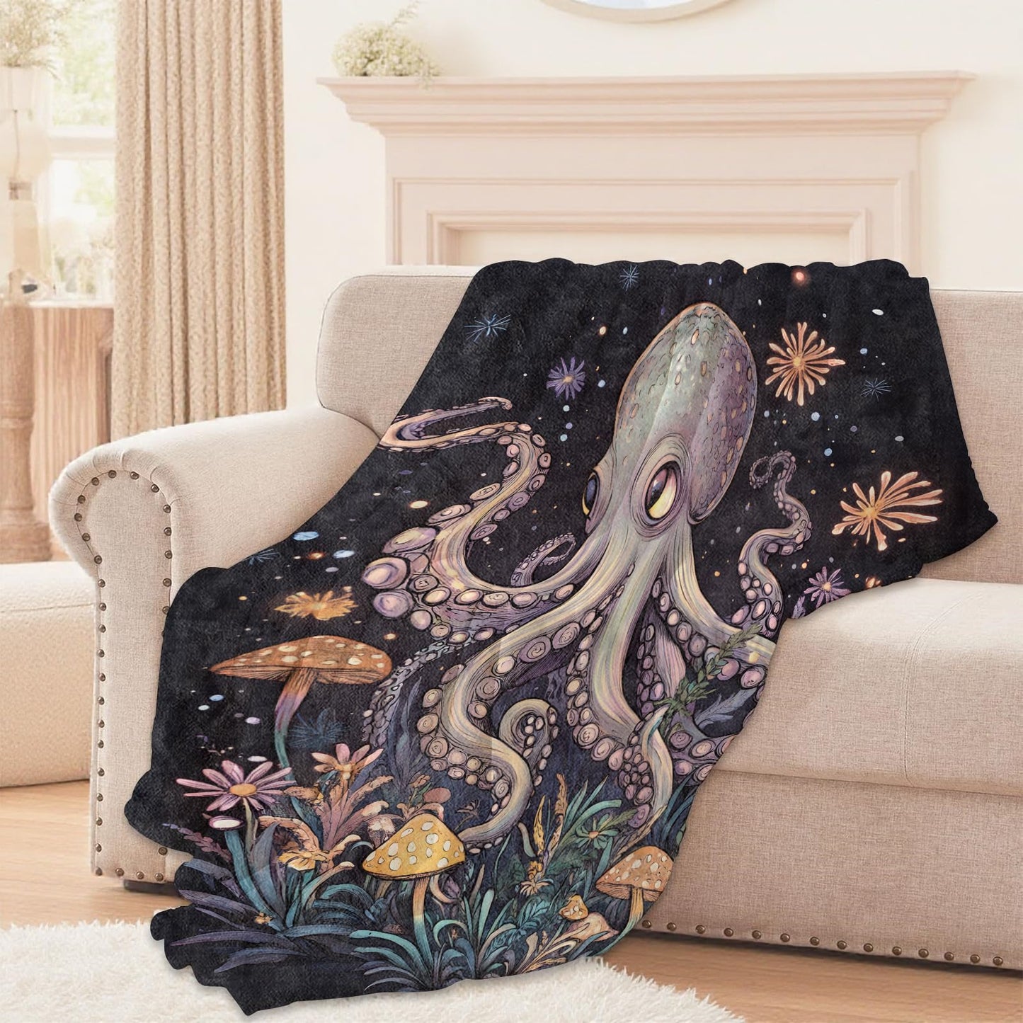 Lugiu Mystical Octopus Blanket, Lightweight Comfy Fascinating Marine Life Blankets for Couch Sofa Bedroom, Soft Plush Travel Flannel Ocean Throw Blanket Gifts for Women Adults Kids, Home Decor 60×50in