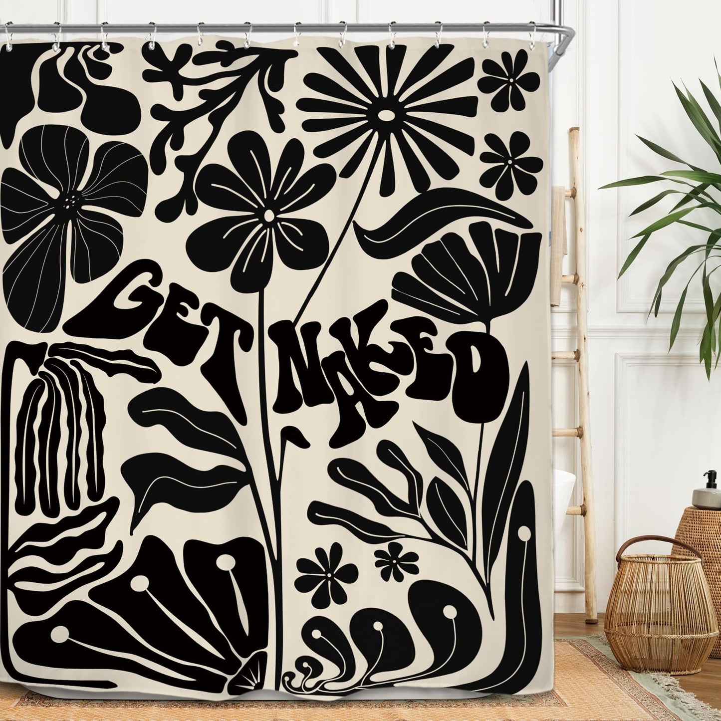 Miyotaa Retro Black Matisse Flower Shower Curtain Set 60Wx71H Inches Get Naked Minimalist Modern Neutral Abstract Vintage Polyester Bathroom Curtain with 12 Hooks