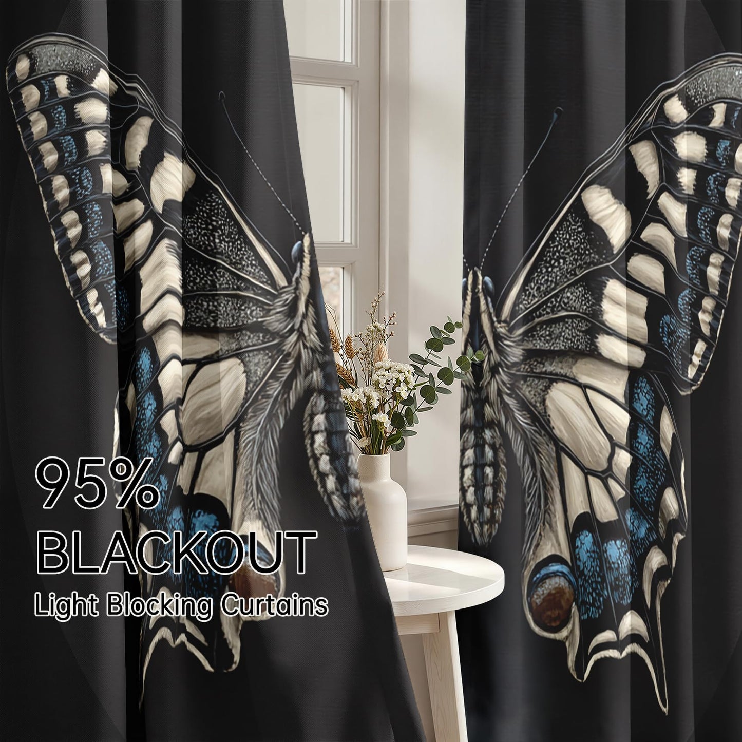 Mistwalk Butterfly Curtains Blackout, 63 Inch Curtains for Bedroom & Living Room, Room Darkening Thermal Insulated Grommet Drapes, Insect Moth Patterned Window Treatments