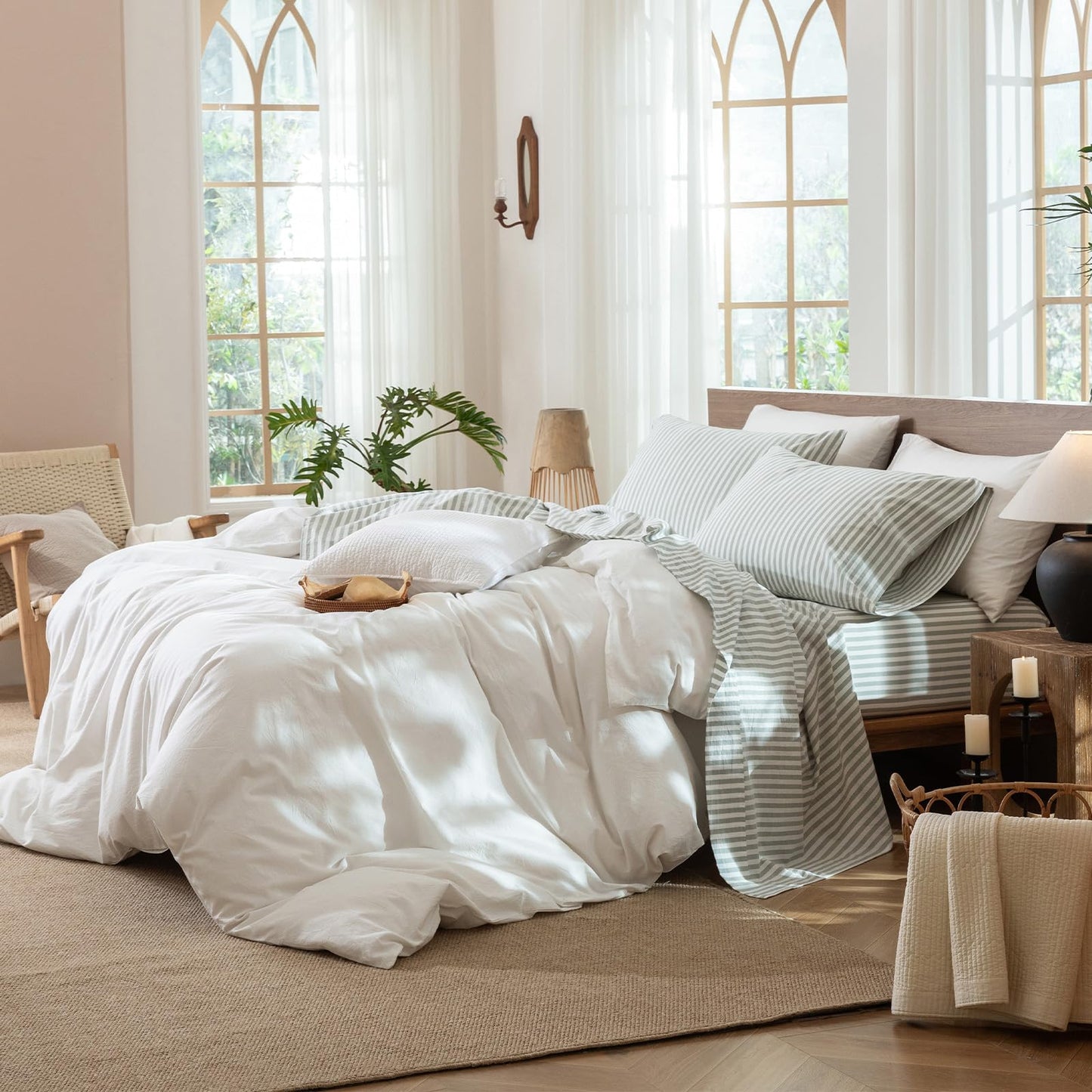 MooMee Striped Fitted Bottom Sheet Only 100% Washed Cotton Linen Like Textured Breathable Durable Soft Comfy Deep Pocket Fits Mattress up to 17" (Sage Green White Classic Stripes, Queen)