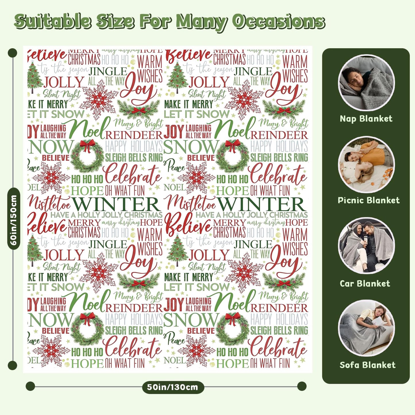 Christmas Throw Blanket Winter Fleece Flannel Blanket Merry Soft Cozy Plush Blankets for Couch Bed Sofa Joy Holiday Decor 60"X50"