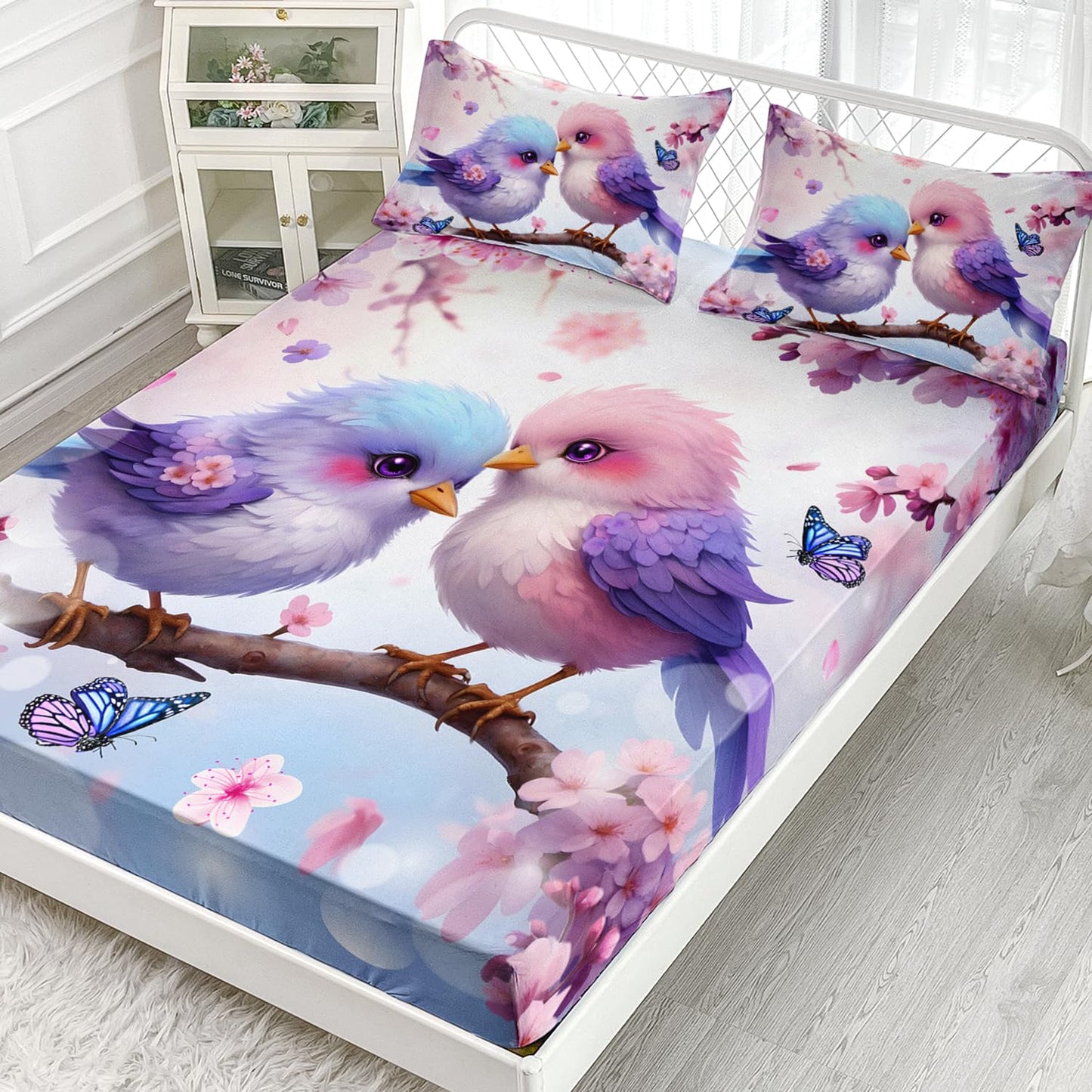 AILONEN Cute Cartoon Bird Fitted Sheet Set Twin Size,Kawaii Pink and Blue Bird Bedding Sheet 3Pcs,Romantic Flower Butterfly Animal Themed Bed Sheet Set for Boys Girls,1 Fitted Sheet + 2 Pillowcases