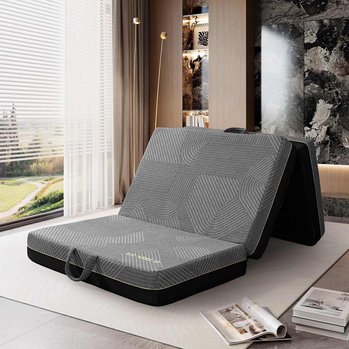 GEMBED Tri Folding Mattress Twin Size - Memory Foam Tri-fold Mattress, Handle & Non-Slip Bottom, Portable Foldable Sofa Bed Floor Chair for Travel RV Camping Guest Yoga - 6 Inch, 75"x38"x6"